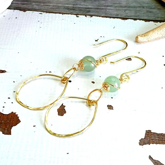 Rainbow Fluorite Crystal Beaded Hammered Dangle Earrings, Boho Statement Artisan - Picture 1 of 4